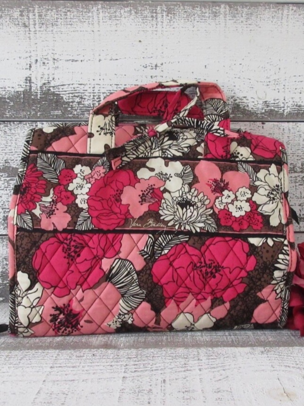 Rare Vera Bradley Mocha Rouge Floral Travel Organizer Bag – Four Compartments, G